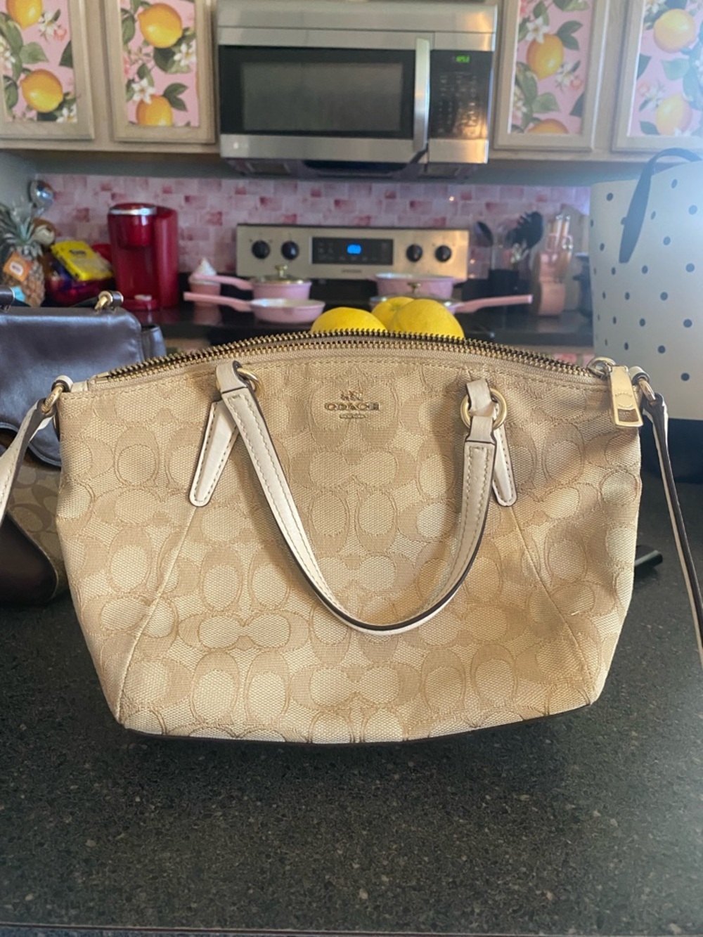 Coach Beige Signature Canvas Satchel with Leather Trim